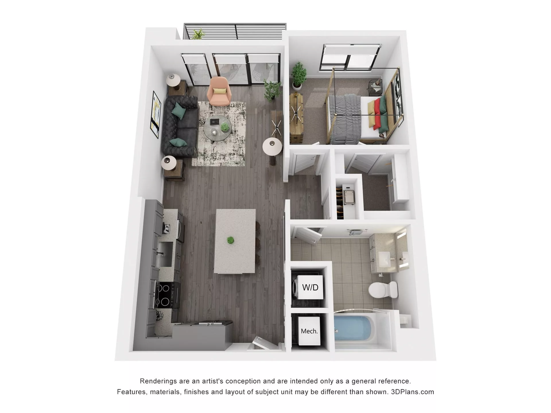 Rendering of the A10 floor plan with 1 bedroom[s] and 1 bathroom[s] at Rafferty