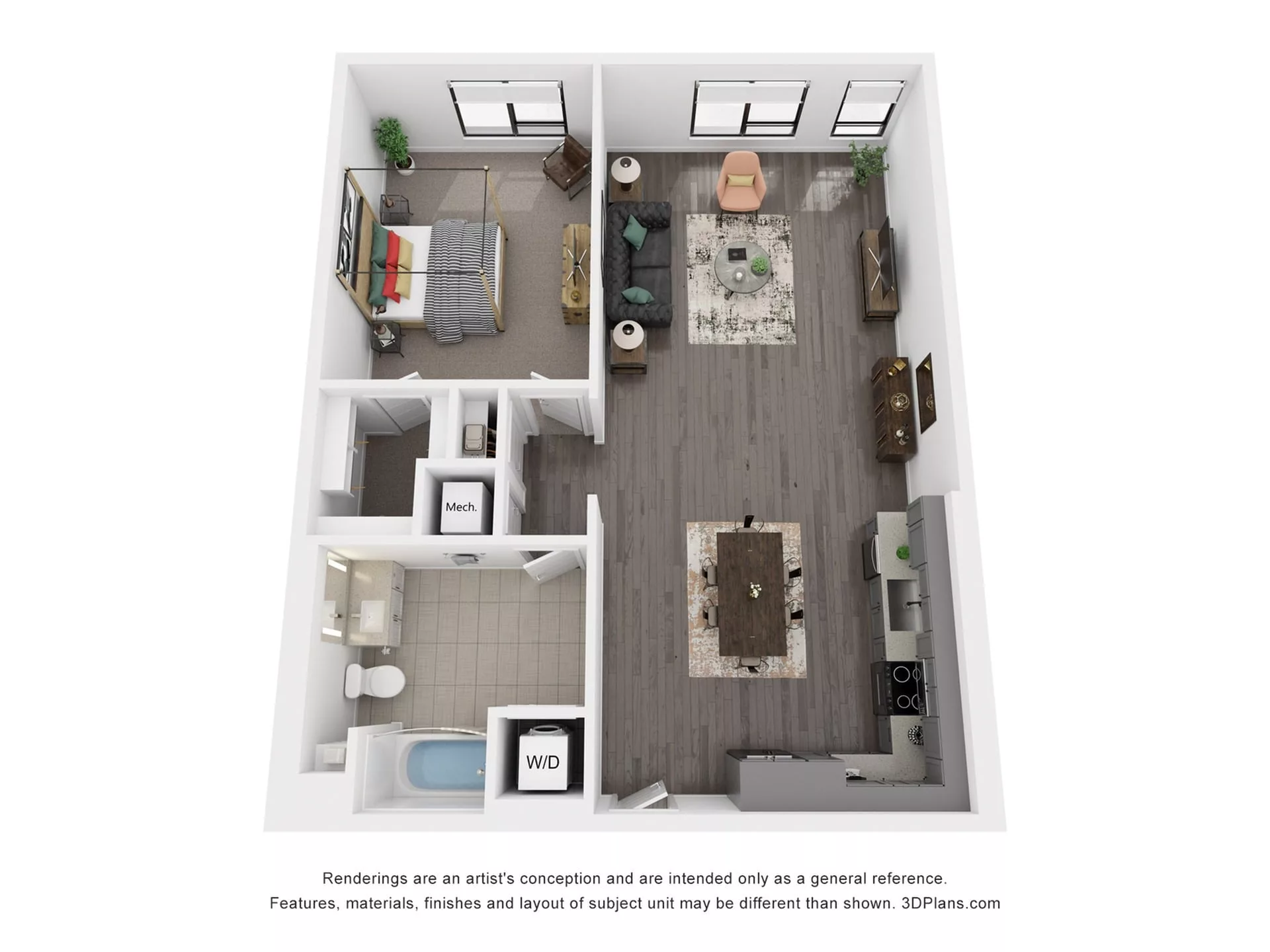 Rendering of the A16 floor plan with 1 bedroom[s] and 1 bathroom[s] at Rafferty