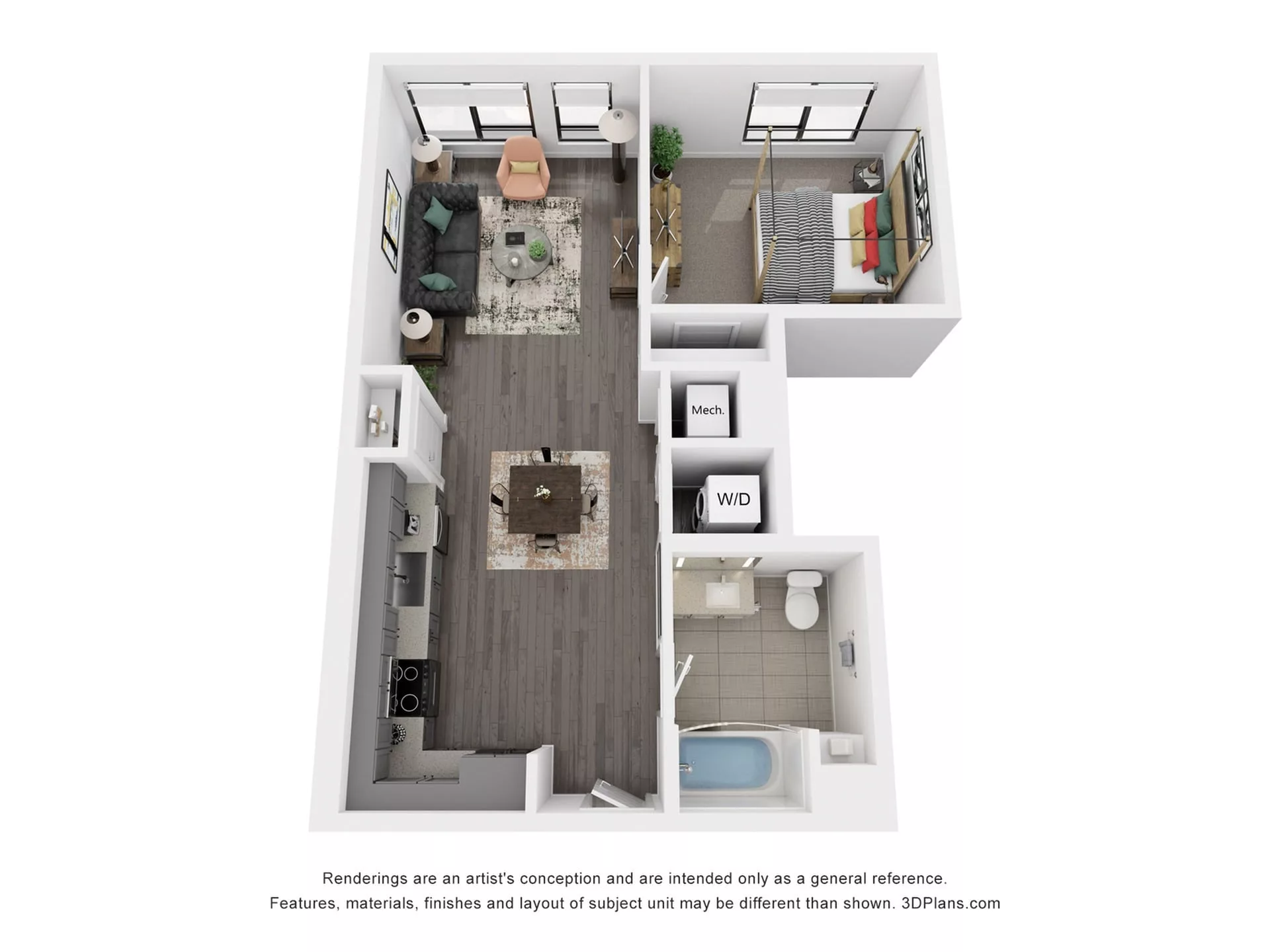 Rendering of the A2 floor plan with 1 bedroom[s] and 1 bathroom[s] at Rafferty