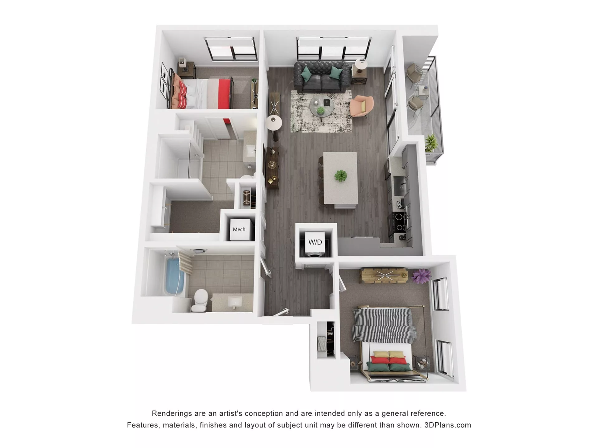 Rendering of the B3P floor plan with 2 bedroom[s] and 2 bathroom[s] at Rafferty