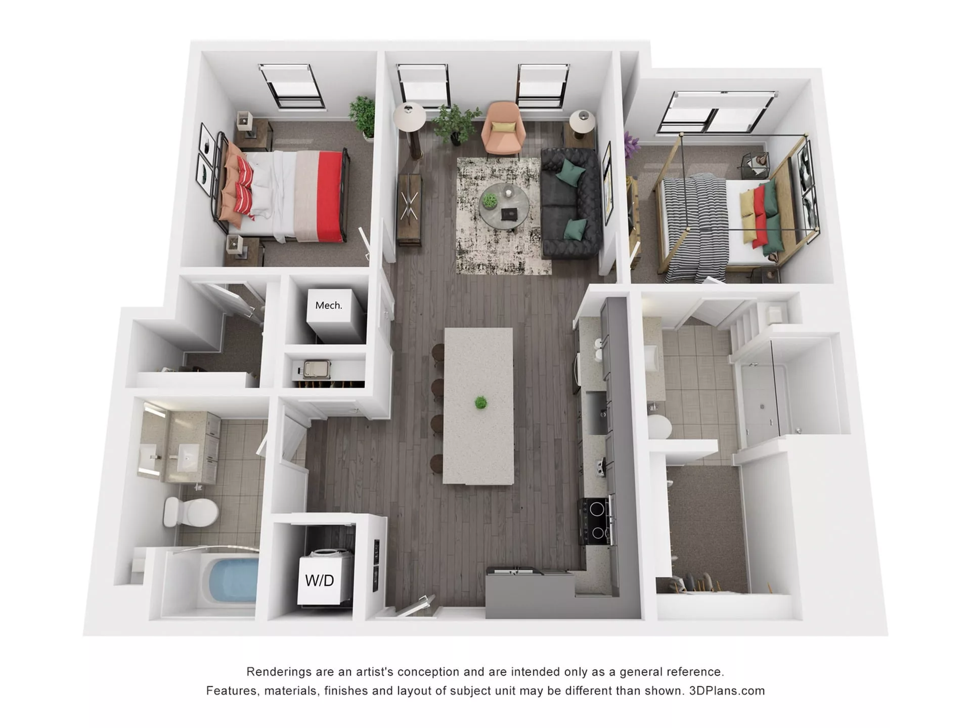 Rendering of the B1 floor plan with 2 bedroom[s] and 2 bathroom[s] at Rafferty