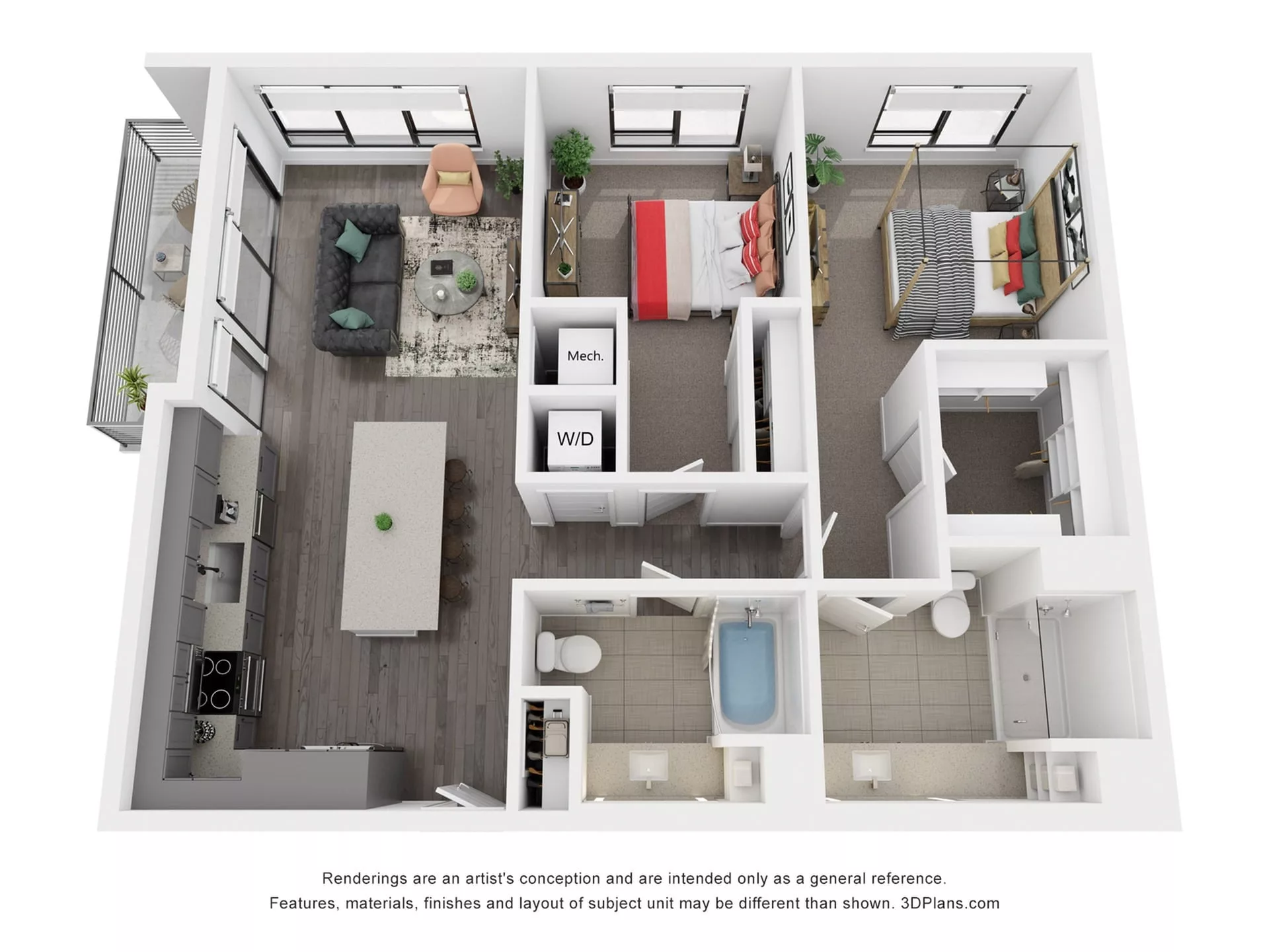 Rendering of the B4 floor plan with 2 bedroom[s] and 2 bathroom[s] at Rafferty