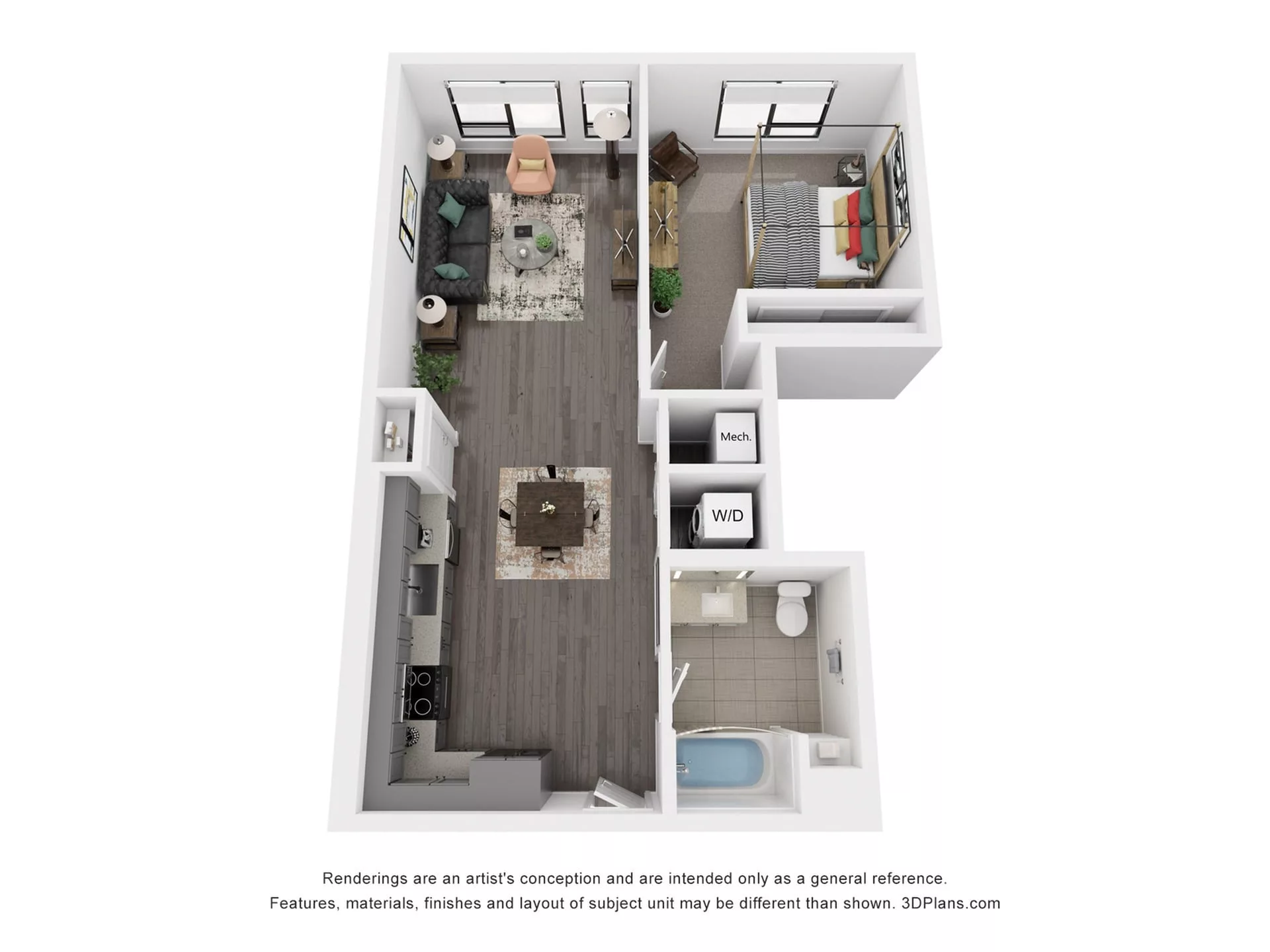 Rendering of the A6 floor plan with 1 bedroom[s] and 1 bathroom[s] at Rafferty