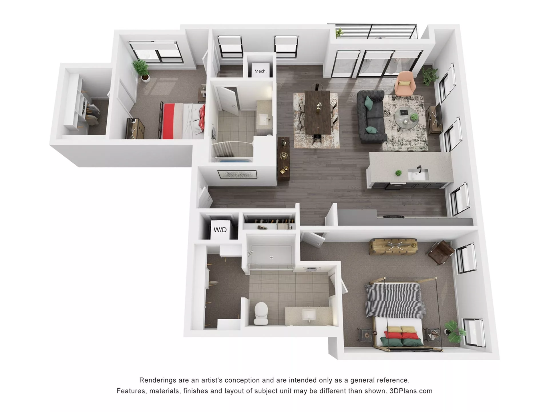 Rendering of the B10 floor plan with 2 bedroom[s] and 2 bathroom[s] at Rafferty