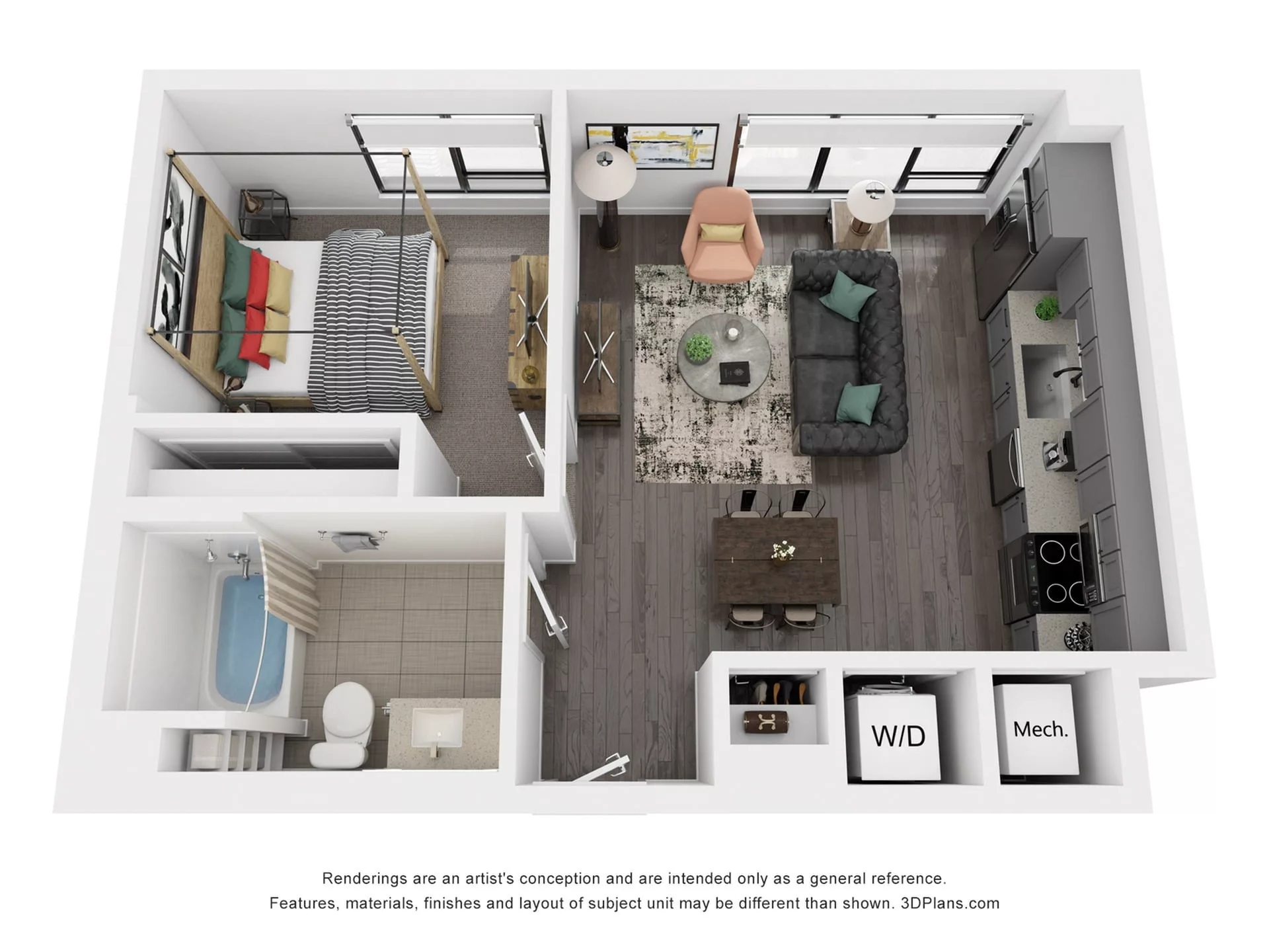 Rendering of the A1 floor plan with 1 bedroom[s] and 1 bathroom[s] at Rafferty