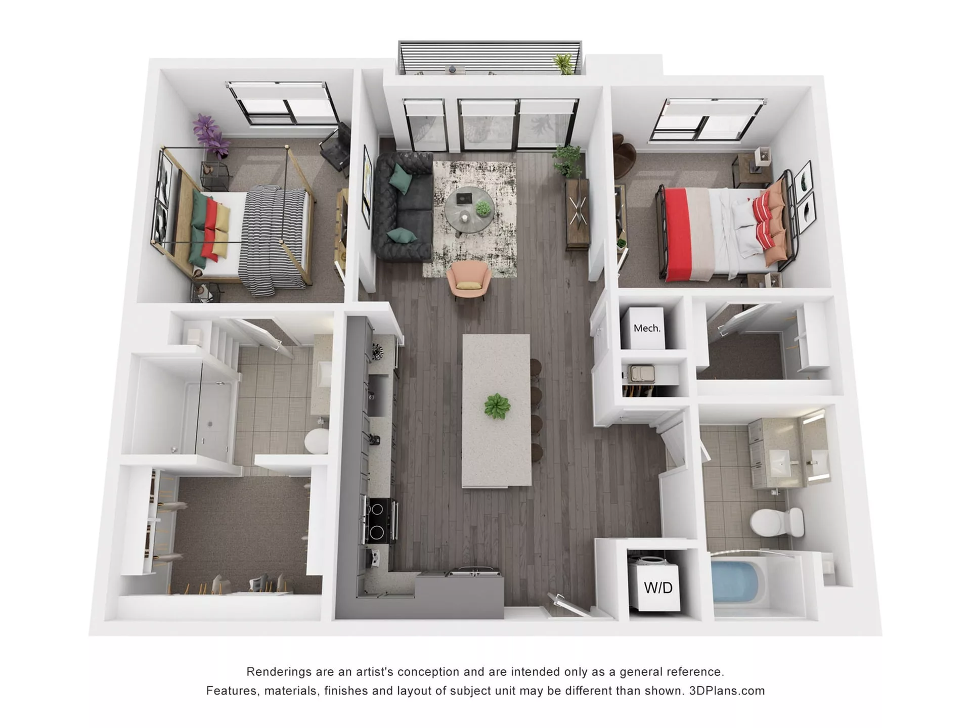 Rendering of the B3 floor plan with 2 bedroom[s] and 2 bathroom[s] at Rafferty