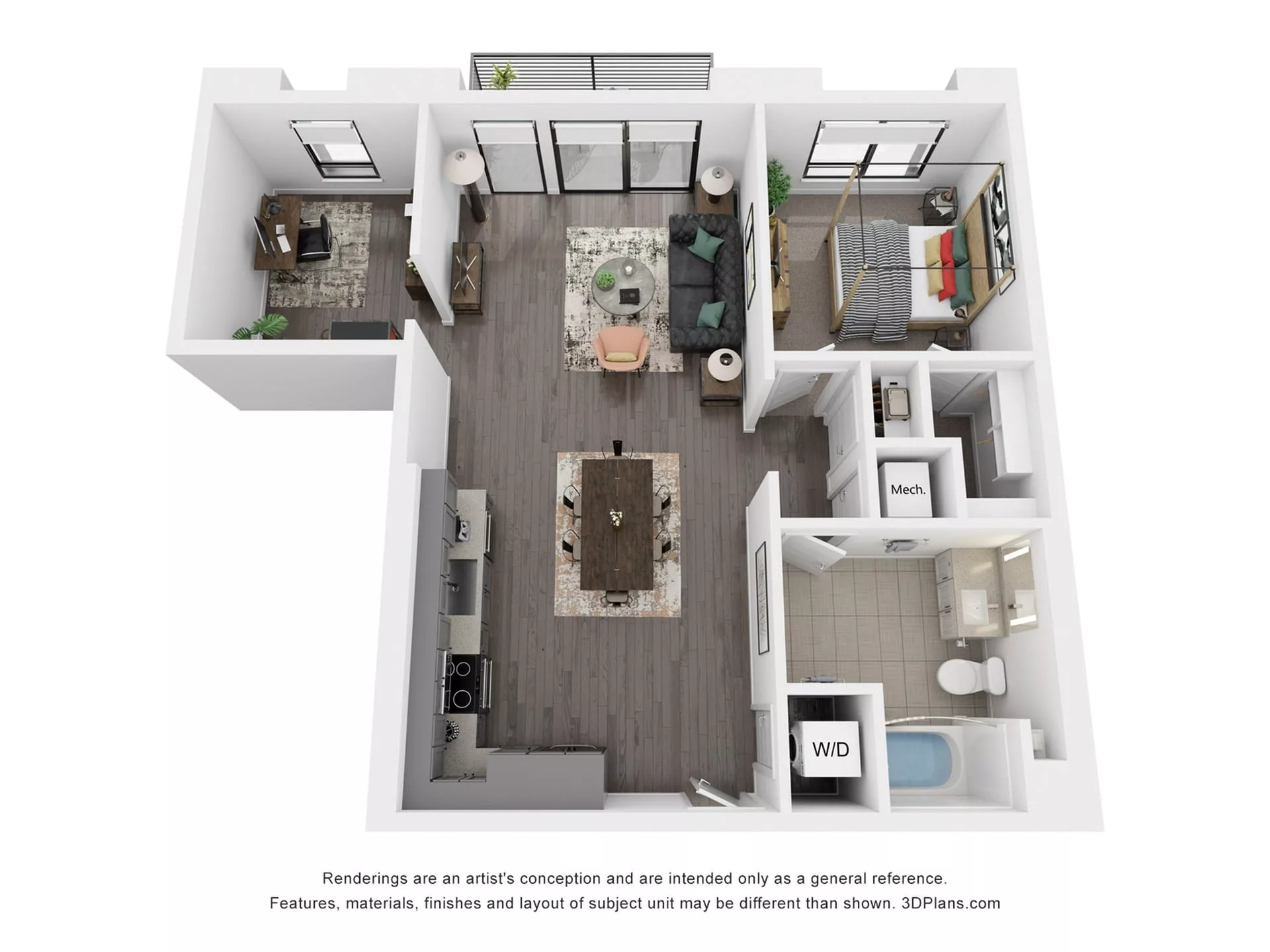 Rendering of the A14DP floor plan with 1 bedroom[s] and 1 bathroom[s] at Rafferty