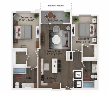 Rendering of the B1 ADA floor plan with 2 bedroom[s] and 2 bathroom[s] at Callia