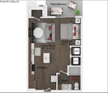 Rendering of the S3 floor plan with a Studio bedroom and 1 bathroom[s] at Callia