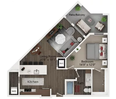 Rendering of the A3 floor plan with 1 bedroom[s] and 1 bathroom[s] at Callia