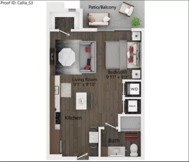 Rendering of the S3 floor plan with a Studio bedroom and 1 bathroom[s] at Callia