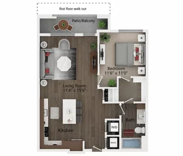 Rendering of the A5 ADA floor plan with 1 bedroom[s] and 1 bathroom[s] at Callia
