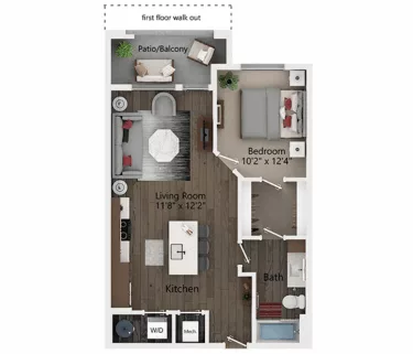 Rendering of the A2 floor plan with 1 bedroom[s] and 1 bathroom[s] at Callia