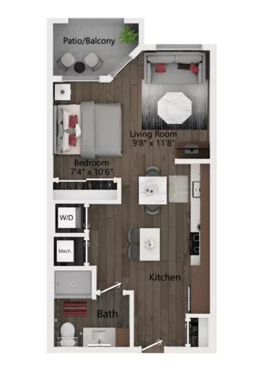 Rendering of the S4 floor plan with a Studio bedroom and 1 bathroom[s] at Callia