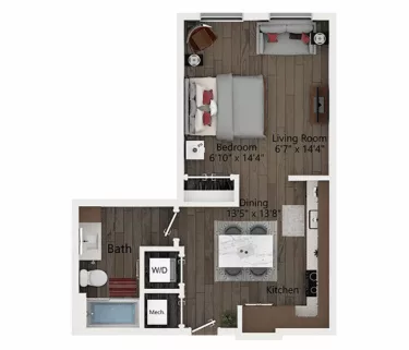 Rendering of the S1 floor plan with a Studio bedroom and 1 bathroom[s] at Callia