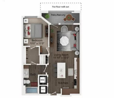 Rendering of the A1 floor plan with 1 bedroom[s] and 1 bathroom[s] at Callia
