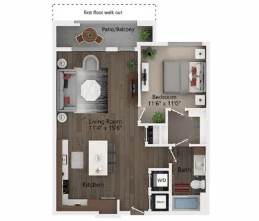 Rendering of the A5 ADA floor plan with 1 bedroom[s] and 1 bathroom[s] at Callia