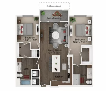 Rendering of the B2 floor plan with 2 bedroom[s] and 2 bathroom[s] at Callia