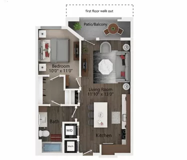 Rendering of the A1 floor plan with 1 bedroom[s] and 1 bathroom[s] at Callia