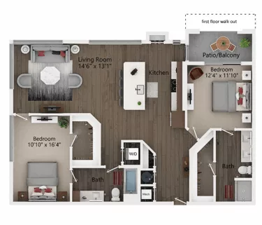 Rendering of the B4 floor plan with 2 bedroom[s] and 2 bathroom[s] at Callia