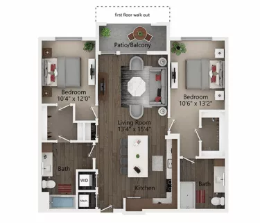 Rendering of the B2 floor plan with 2 bedroom[s] and 2 bathroom[s] at Callia