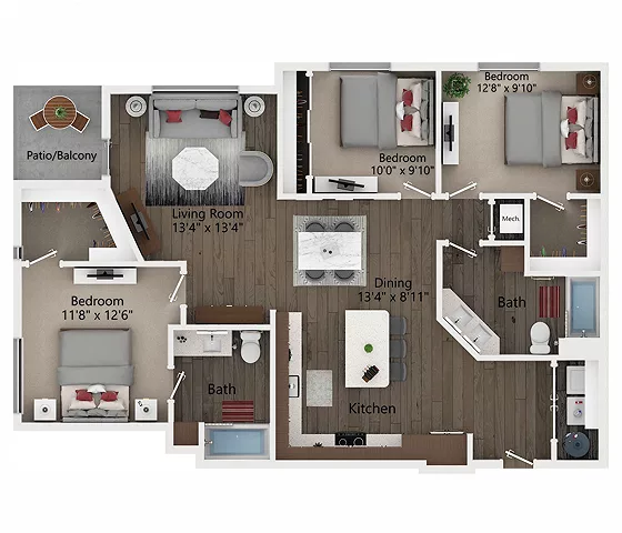 Rendering of the C1 floor plan with 3 bedroom[s] and 2 bathroom[s] at Callia