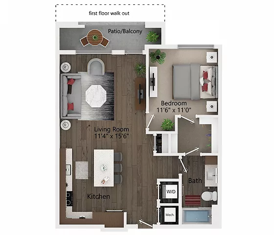 Rendering of the A5 floor plan with 1 bedroom[s] and 1 bathroom[s] at Callia