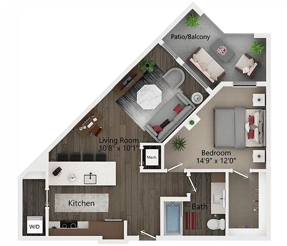 Rendering of the A3 floor plan with 1 bedroom[s] and 1 bathroom[s] at Callia