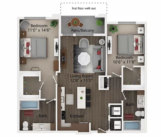 Rendering of the B1 floor plan with 2 bedroom[s] and 2 bathroom[s] at Callia