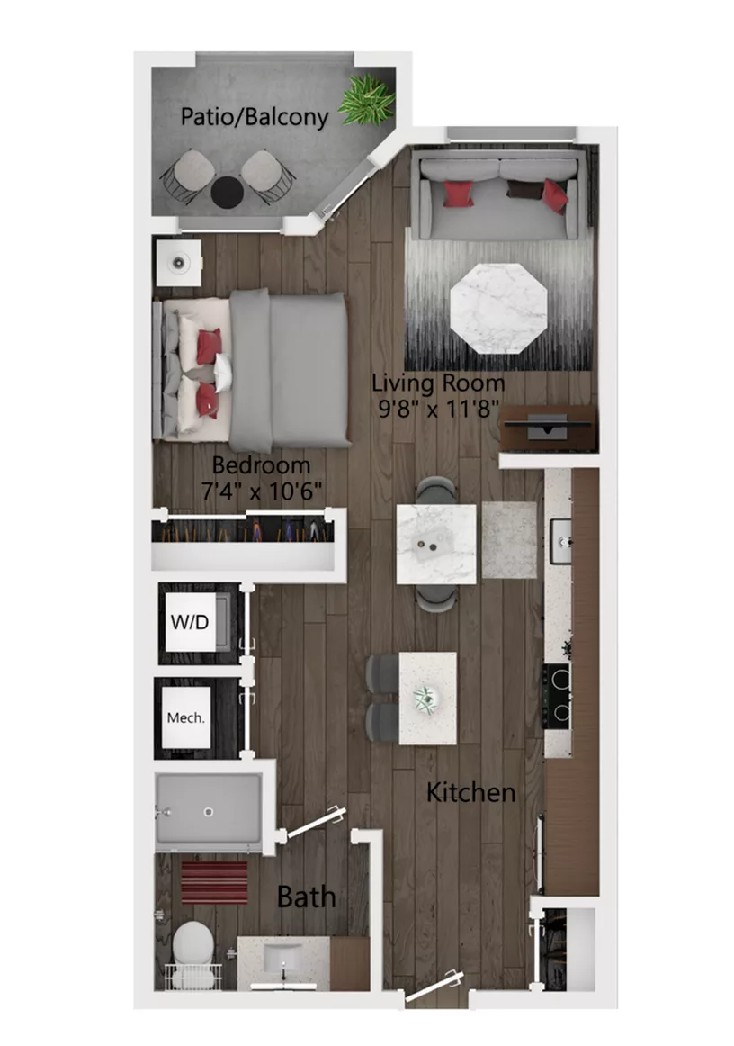 Rendering of the S4 floor plan with a Studio bedroom and 1 bathroom[s] at Callia
