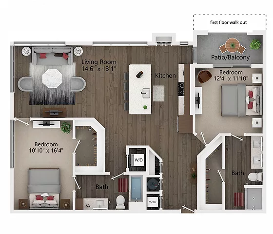 Rendering of the B4 floor plan with 2 bedroom[s] and 2 bathroom[s] at Callia