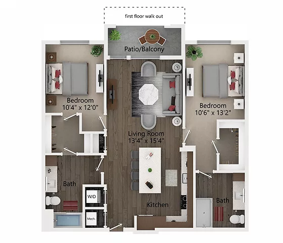 Rendering of the B2 floor plan with 2 bedroom[s] and 2 bathroom[s] at Callia