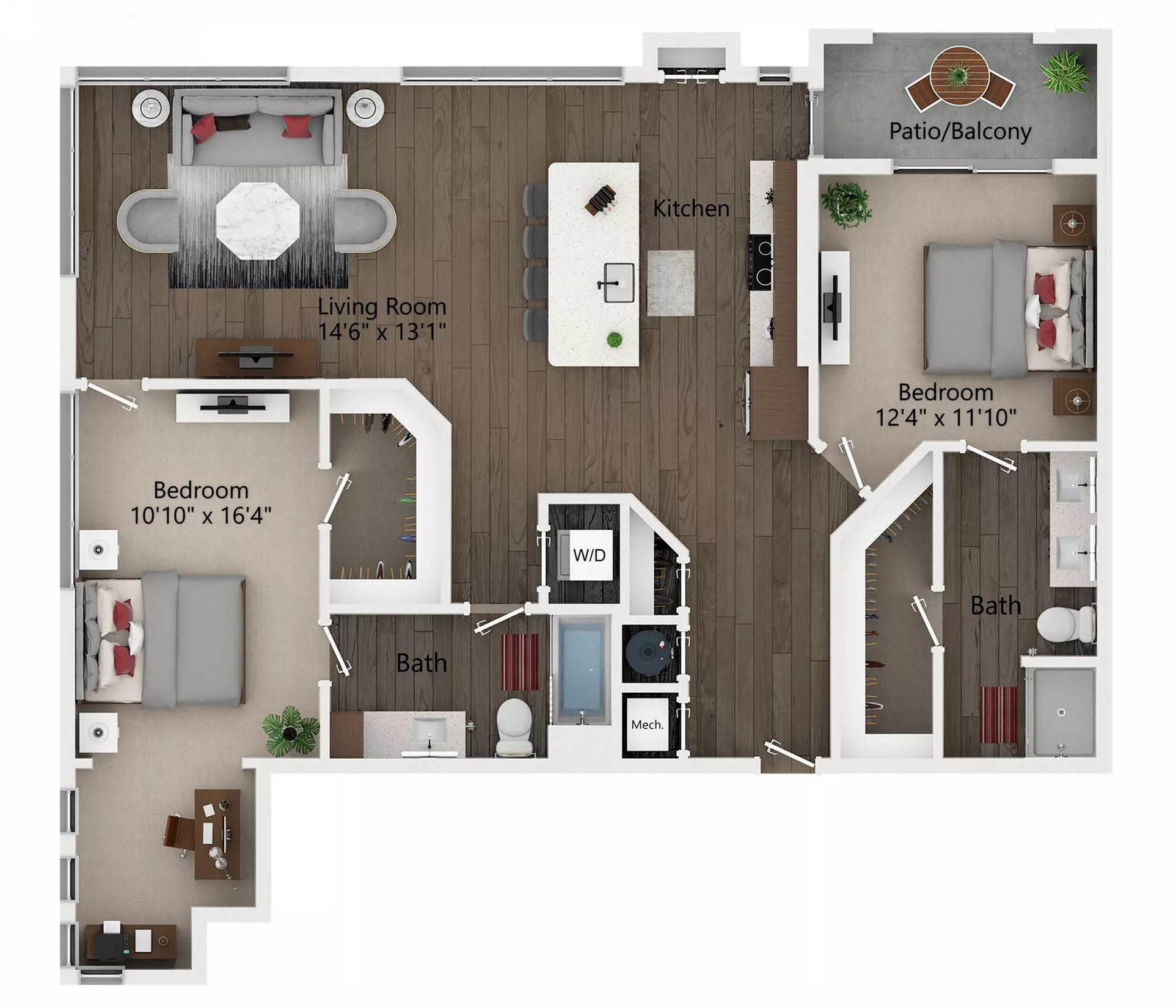 Rendering of the B5 floor plan with 2 bedroom[s] and 2 bathroom[s] at Callia