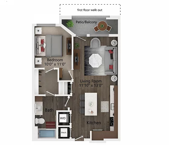 Rendering of the A1 floor plan with 1 bedroom[s] and 1 bathroom[s] at Callia
