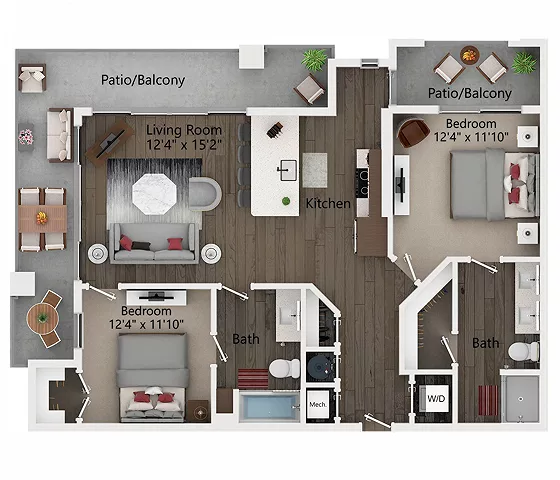 Rendering of the B3 floor plan with 2 bedroom[s] and 2 bathroom[s] at Callia