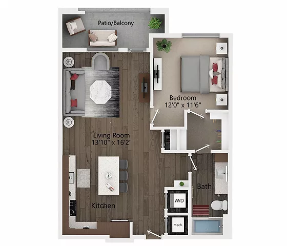 Rendering of the A6 floor plan with 1 bedroom[s] and 1 bathroom[s] at Callia