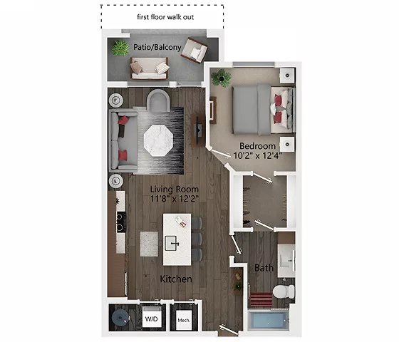 Rendering of the A2 floor plan with 1 bedroom[s] and 1 bathroom[s] at Callia