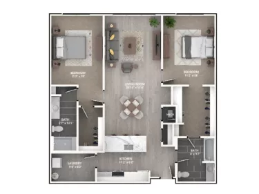 Rendering of the B8 floor plan with 2 bedroom[s] and 2 bathroom[s] at Emerson