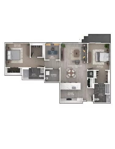 Rendering of the B10D floor plan with 2 bedroom[s] and 2 bathroom[s] at Emerson