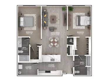 Rendering of the B7 floor plan with 2 bedroom[s] and 2 bathroom[s] at Emerson