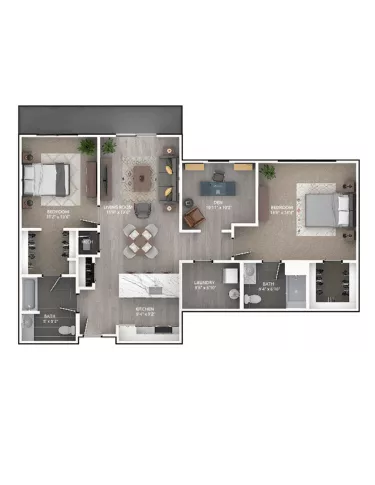 Rendering of the B9D floor plan with 2 bedroom[s] and 2 bathroom[s] at Emerson