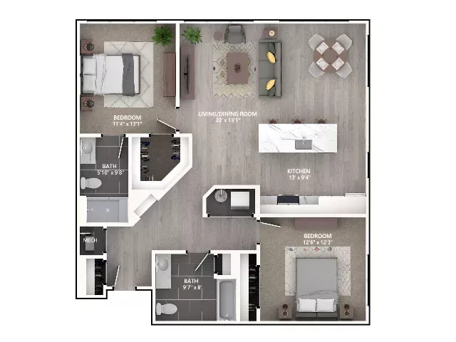 2-bedroom apartment floor plan with open kitchen, living area, and two bathrooms.