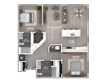 Rendering of the B4 floor plan with 2 bedroom[s] and 2 bathroom[s] at Emerson