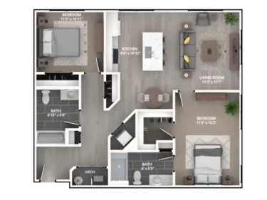Rendering of the B1 floor plan with 2 bedroom[s] and 2 bathroom[s] at Emerson