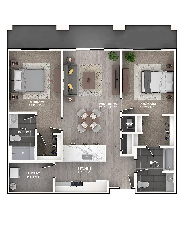 Rendering of the B5 floor plan with 2 bedroom[s] and 2 bathroom[s] at Emerson