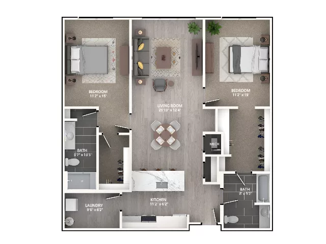 Rendering of the B8 floor plan with 2 bedroom[s] and 2 bathroom[s] at Emerson
