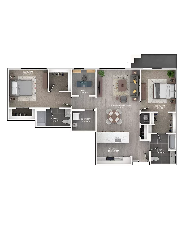 Rendering of the B10D floor plan with 2 bedroom[s] and 2 bathroom[s] at Emerson