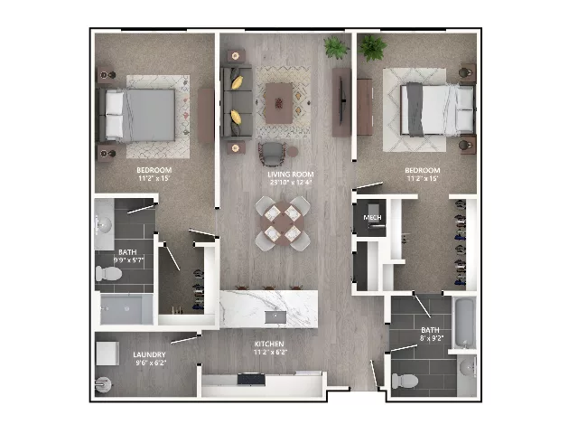 Rendering of the B7 floor plan with 2 bedroom[s] and 2 bathroom[s] at Emerson