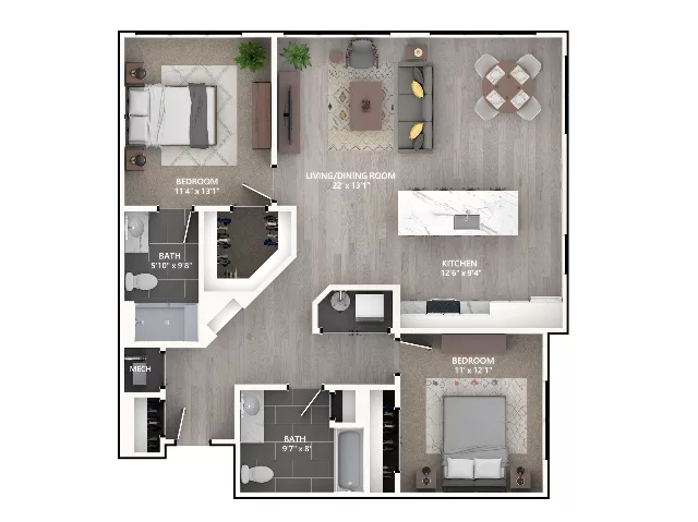 Rendering of the B3 floor plan with 2 bedroom[s] and 2 bathroom[s] at Emerson
