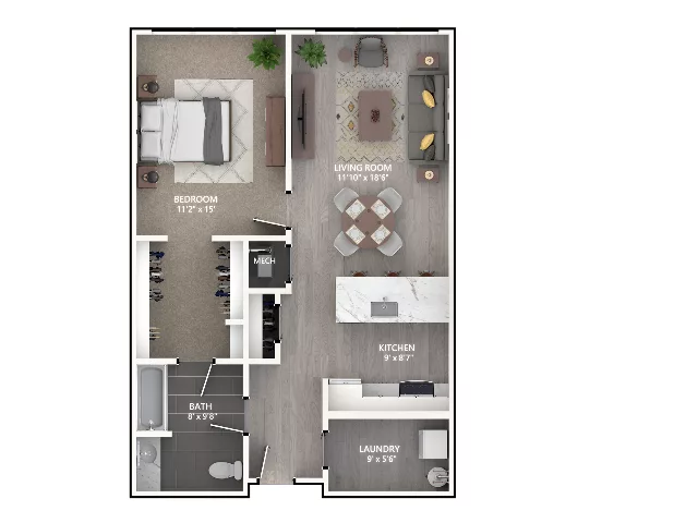 Rendering of the A5 floor plan with 1 bedroom[s] and 1 bathroom[s] at Emerson